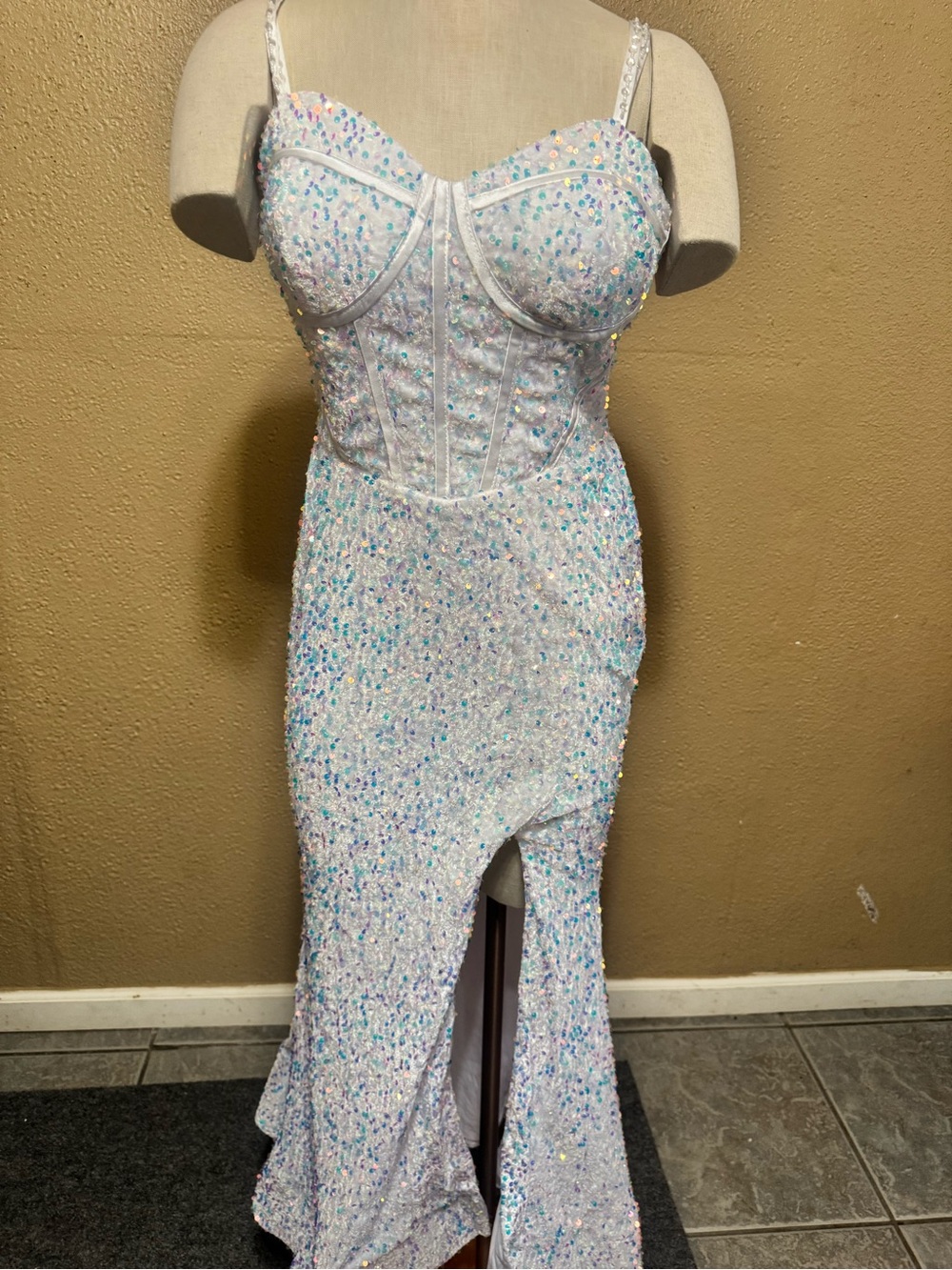 Iridescent White Sequin Corset Gown - Women's Dress